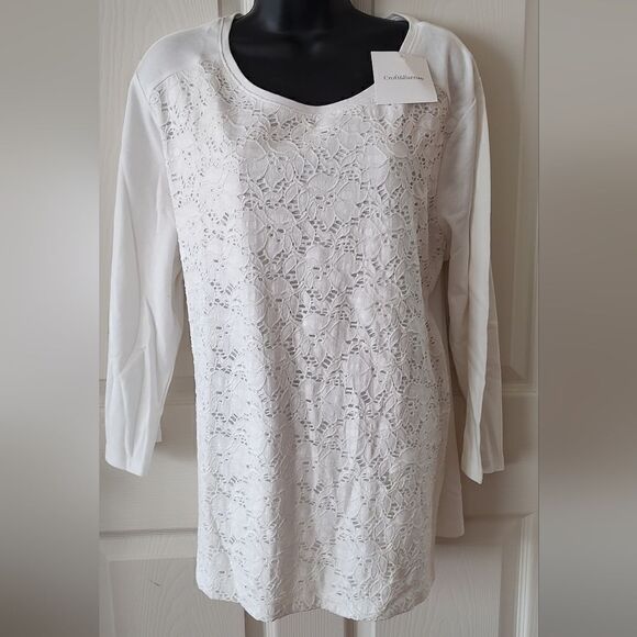 Croft & Barrow XXL White Stretch Cotton Front Lace Panel 3/4 Sleeve Top - Picture 1 of 9